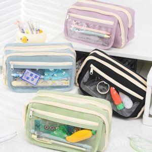 GOOD MOOD BEAUTY Large Capacity Pen Bag PU Transparent Pencil Case Simple Portable Cosmetic Pouch Boy Girl Kid