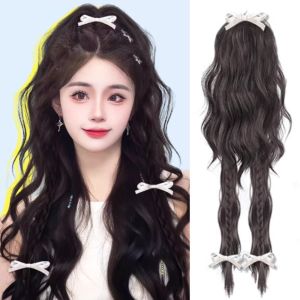 ERYRG หางม้าสูง วิกผมหางม้า มวยถักเปีย หยักเป็นคลื่น วิกผมถักเกลียว อุปกรณ์เสริมผม Y2k วิกผมหางม้าครึ่งโบว์ สำหรับผู้หญิง