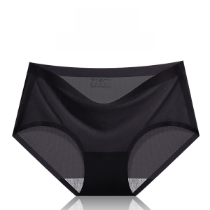 กางเกงชั้นในผ้าไหมน้ำแข็งเพื่อสุขภาพสำหรับผู้หญิง ไร้ตะเข็บ ระบายอากาศได้ดี ทรงสามเหลี่ยมขยายใหญ่ ยืดหยุ่นสูง สำหรับผู้หญิง กางเกงชั้นในตาข่ายเอวกลาง เซ็กซี่ เย็นสบาย