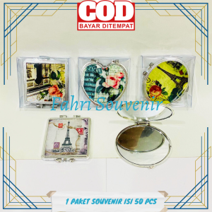 Souvenir Pernikahan Ultah dan Khitanan Cermin Kaca Motif Paris Kemasan Mika ISI 50 PCS
