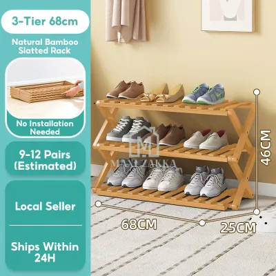 🇸🇬 Multiple Tiers Wooden Bamboo Shoe Rack No Installation Needed Natural Slatted Shelf for Balcony Plants & Storage