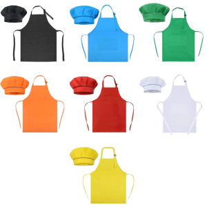 Boys Girls Chef Outfits Solid Color Mushroom Hat Apron Bib Set Kids Kitchen Cooking Baking Costume Clothes
