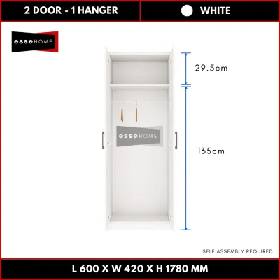 [178CM] EsseHome 2 Door Wardrobe Cabinet Cupboard Storage Almari Baju Almari Hanger or 5 Tingkat 5 Shelf 5 Tier