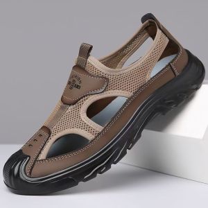 Men’s Breathable Mesh Hollow Sandals Soft Sole Outdoor Beach Casual Slip-On Cave Shoes Lightweight