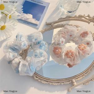 [COD] Man YingLie New Organza Hair Rope Embroidery Flowers Forest System Scrunchies Ponytail Transparent Tulle Romantic Pink Blue Hair Accessories