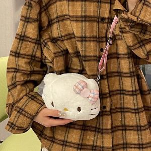 ZEEMIN Christmas and Halloween gifts Miniso Cute Cartoon Hello Kitty Bow Crossbody Bag For Women Kawaii Fashion Plush White Kt Cat Shoulder Bag For Girls Kids Gifts