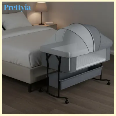 Prettyia Adjustable Height Foldable Baby Crib Easy to Assemble Foldable Crib Storage Basket Newborn Cradle Bed Bug Net Net for Infants Nursery