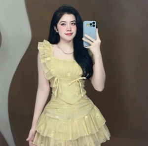 MK_ Set đồ nữ đi tiệc set thiết kế thêu áo tay cánh tiên kèm chân váy ngắn 2 lớp có lót Voan tơ đi biển