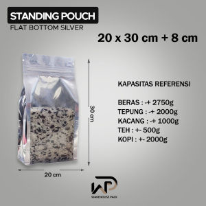 ( 10 Pcs ) Standing Pouch Flat Bottom Silver Metalized Foil I Kemasan Kopi Snack I Kemasan Paper Ziplock Silver Metalized Foil | Kemasan Biji - Bijian | Kemasan Daun Teh | Kemasan Makanan Kedap Udara | Standing Pouch Bottom