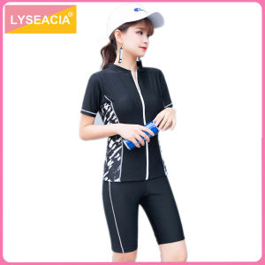 LYSEACIAอนุรักษ์หญิงซิปชุดว่ายน้ำผู้หญิงสองชิ้นชุดว่ายน้ำแขนสั้นท็อปส์+กางเกงขาสั้นชุดว่ายน้ำเลดี้3สีชุดว่ายน้ำบีชสวม +  หมวกว่ายน้ำ