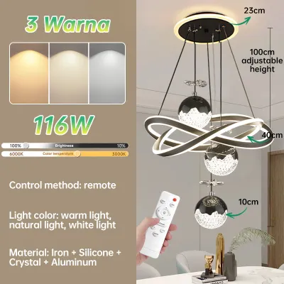 GOGEOUS Lampu gantung kristal minimalis mewah 3 warna LED Remote Control ruang tamu Dekorasi Interior Nordik bergaya Eropa bar