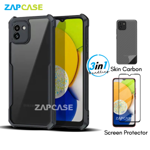 3in1 Case Samsung A03 Armor Fushion Casing Free Tempered Glass Dan Skin Carbon