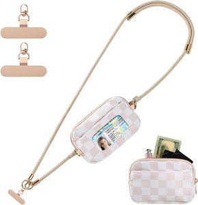 Clip and Go Strap For Phone with Wallet Crossbody For Daily Life Adjustable Anti-Theft Phone Lanyard with Detachable RFID Wristlet Wallet and 2 Phone Tether Tabs Beige Checkered