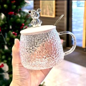 Cốc thuỷ tinh sang trọng có quai nắp nhựa có gắn gấu siêu xinh trong suốt bóng loáng