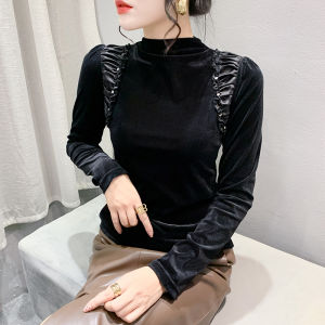 YIMEI Large Womens Velvet Top Autumn and Winter New Korean Fashion Beaded Half High Collar Pullover Versatile Wooden Ear Edge Bubble Long Sleeve Underlay
