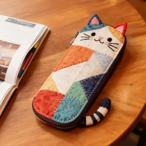 HOUCHU Japanese Style Cat Pencil Case Cloth Patchwork Stationery Storage Bag Fashion Color Block Cartoon Pen Bag Students Gift