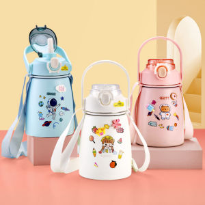 304 Stainless Steel Cute Big Belly Thermal Flasks Vacuum Water Bottle 1000ml Large Capacity 不锈钢大肚子保温杯大容量水杯1000毫升双饮吸管杯