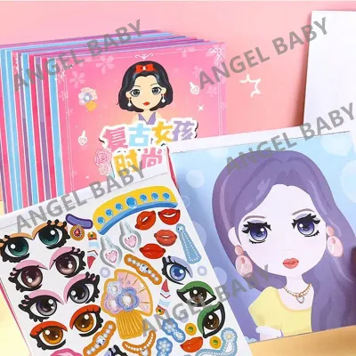 Make a Face Sticker Book Cute Cartoon Princess Fashion Girl 12 Faces 2 Stickers Sheets Children Kids Puzzle Games Assemble Toys