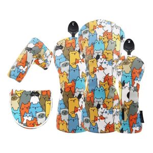 FUNG Cartoon Animal Golf Club Head Cover Graffiti Cat Pattern PU Leather Golf Club Protector Lovely Waterproof Golf Wood Headcover Driver Fairway