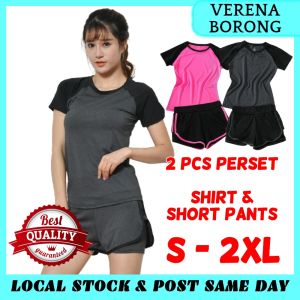 VERENA Sportswear Women Thin Tight (Short Sleeve T-Shirt + Shorts) Ladies Fitness Yoga Gym Running Workout Sports Clothing Ready Stock 583401 - Verena Borong