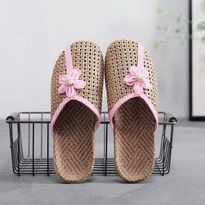 Summer Woven Breathable Mesh Sandals For Women Linen Slippers Indoor Thick-Soled Rattan Slippers For Men At Home