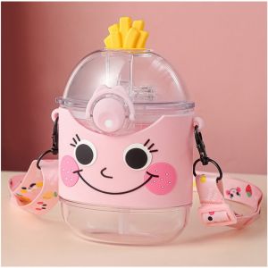 【Soft Lip Shop】 390ml Creative Cute French Fries Water Bottle with Portable Strap for Travel & Straw Transparent Square Plastic Water Bottles for Kids School Drinking Cup