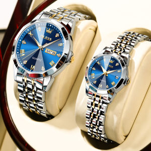 OLEVS couple watch buy 1 take 1 waterproof 2023 original fashion double calendar luminous display prismatic diamond dial stainless steel luxury couple watch for boyfriend and girlfriend - blue/white/silver