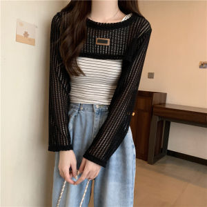 FASHLOVER Hollow-out Long Sleeved Top Design Sense Niche Knitted Shawl Smock Short