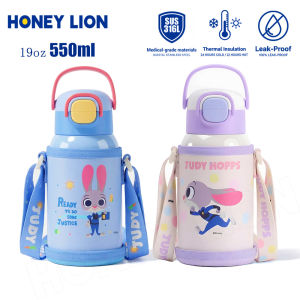 HoneyLion - 316L Medical Grade Stainless Steel Thermos 550ML 100% Safe BPA Free Vacuum Insulated Flask with Straw & Strap Aesthetic Drinking Bottle for Toddler Kids