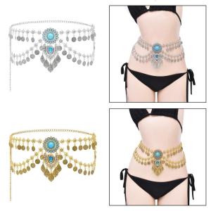 Eye Catching Belly Dance Hip Belt Multi Layer Waist Chain Decoration with Metallic Coins and Flowing Fringe Accents