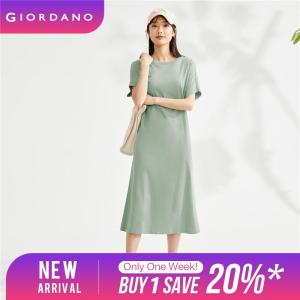 GIORDANO Women Dresses Cap Sleeve 100% Cotton Loose Dresses Crewneck Slant Pockets Solid Color Simple Casual Dresses 05463460