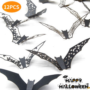 New 12Pcs Halloween 3D Hollow Bat Wall Stickers Black Bat Sticker Room Decor Party DIY Decals Halloween Horror Bats Removable