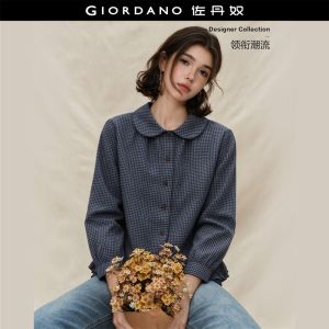 GIORDANO Women Shirts Doll Collar Ruffle Hem Windowpane Shirts Long Sleeve Fashionable Casual Loose Shirts 18346520