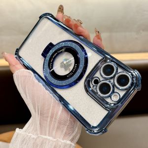 Bling Glitter for Magsafe Bracket Case for iPhone 16 17 Pro Max Air Plus Transparent Plating Cover for iPhone 13 14 15 Pro Max