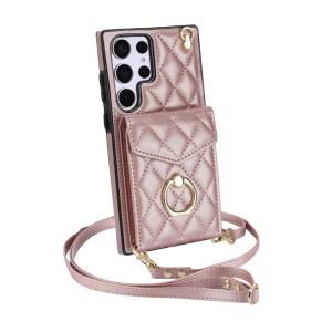 Leather Wallet Case for S23/S24/S25 Ultra Rings Stand Case with Slot and Crossbody Belt Phone Cover