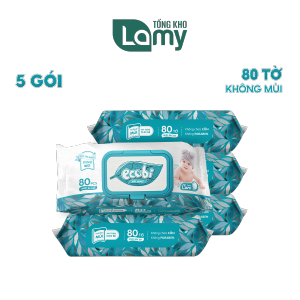 TỔNG KHO_Combo 05 gói khăn ướt cao cấp cho trẻ sơ sinh không mùi Ecobi gói 80 tờ không chất bảo quản an toàn cho làn da