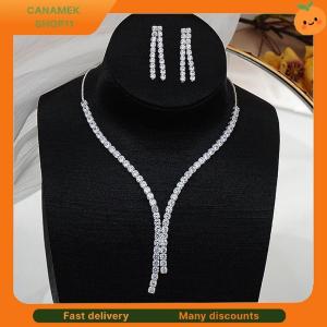 ❣️❣️❣️ 2Pcs Simple Geometric Zircon Necklace Earrings Kit For Women Wedding Bride Jewelry Set Accessories Gift