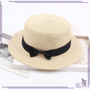 สไตล์เกาหลีสำหรับชายหาด หมวกสานทรงกลม หมวกพับขอบแต่งโบว์ ปีกกว้างแบบย้อนยุค