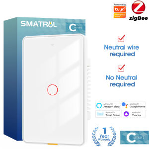 SMATRUL Tuya Zigbee Smart Switch Light Touch Switch No Neutral Wire Wall Magnetic Relay US 100-250v Voice App Genie No Capacitor Required