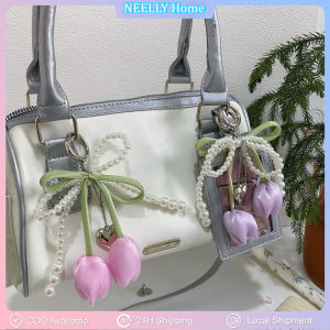 1PC Bag Charm Pendant With Ribbon Pearl Tulip Keychain Jewelry For Women Key Chains DIY Decoration