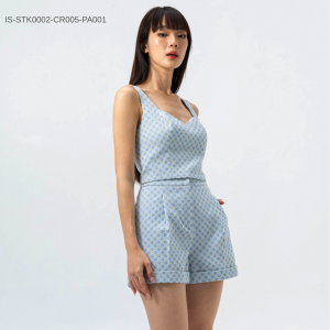 เสื้อครอปเข้ารูป คอเหลี่ยมมีซิบ ไม่มีแขน-กางเกงขาสั้น ขาพับเบิ้ล มีกระเป๋า 1 สี 6 ไซร์ สาวออฟฟิศ ปรับลดขนาดได้ | Annyya