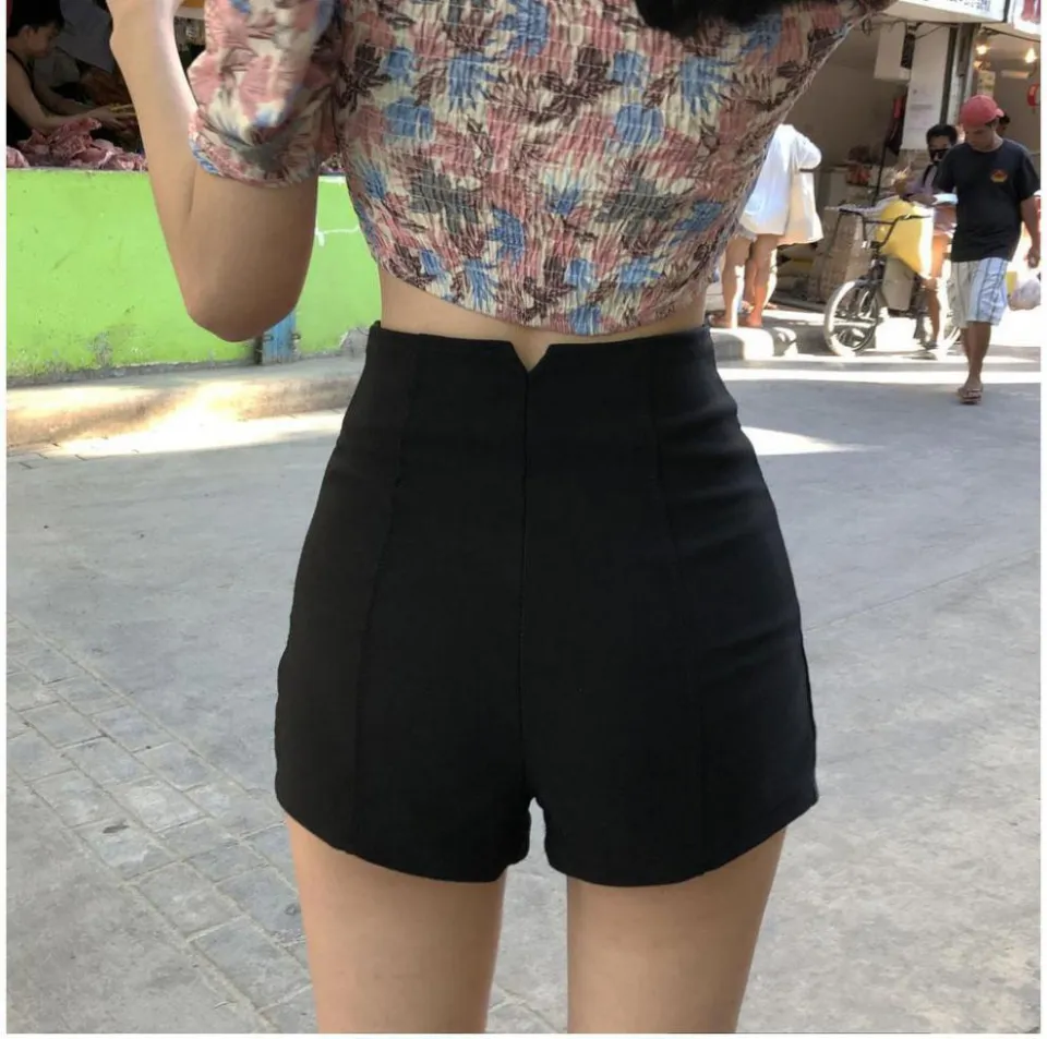 IEF Women's black shorts, summer outer wear 3 points tight elastic high  waist 3 points casual hot pants IEF slim pants ins