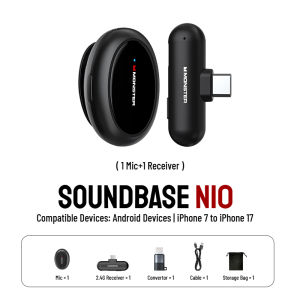 Monster N12pro wireless Lavalier microphone with AI Noise Reduction 2.4G Low Latency <25ms 360° HD High-Sensitivity Mic 50m Range Compatible with Phone/PC/Tablet ALC & Smart Noise Cancellation
