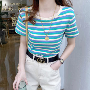 Korean style t shirt for woman Striped short-sleeved summer slim T-shirt tops