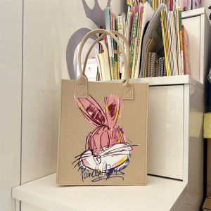 Korean Top-Handle Bag Thick Felt Handbag Kids Cute Cartoon Tote Bag Fabric Shoulder Bag Rice Bag Fashion Women Shopping Bags High Quality Simple Tote Bags