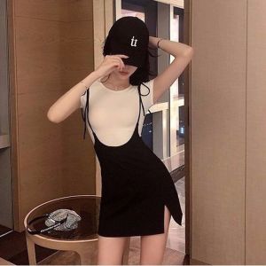 Clothing Set Internet Celebrity Explosive Street Fashion Coordinate For Womens Summer Small Short Sleeved T-Shirt With Suspender Slit Half Skirt Two-Piece Set