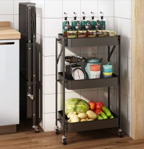 Premium 3 Tier Rak Dapur Folable Trolley Kitchen Rack Storage with Roller Wheel Stainless Steel Power Coating Office Rack Dapur Storage Kitchen Storage Kitchen Trolley Tray