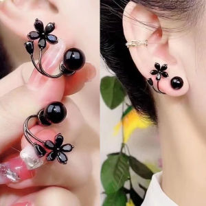 Niche Design High-grade Black Flower Dual-wear Stud Earrings Temperament Wild Light Luxury Earrings