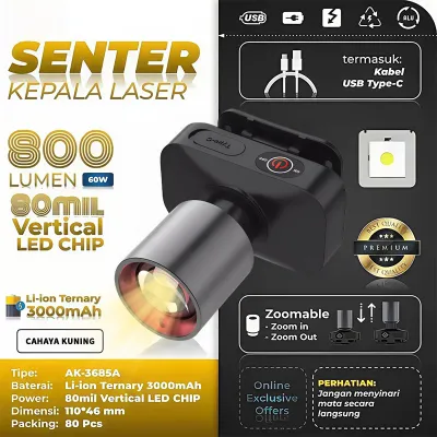 COD Senter Kepala Zoom AK-3685A 200W Laser Super Terang 2000 Lumen Jarak Jauh Tahan Air IPX4 Isi Ulang Type C Untuk Aktivitas Outdoor