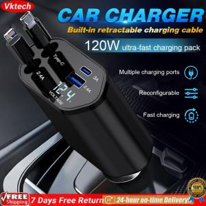 【Ready】【Vktech】Retractable Car Charger Fast Car Phone Charger Digital Display USB C Car Charger Car Adapter for IPhone/samsüng/Huawei